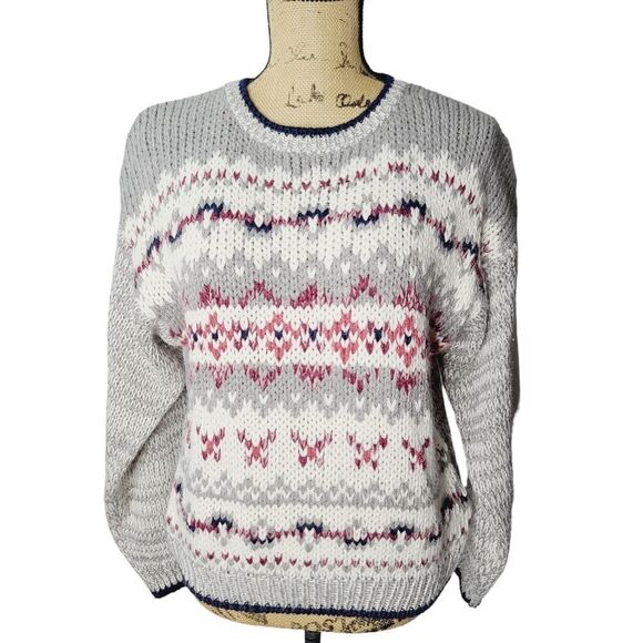 Vintage 80s Jamie Scott Knitted by Hand Gray Fair Isle Sweater - Picture 1 of 10